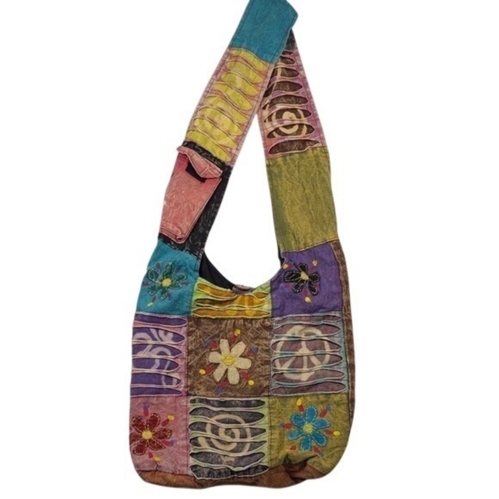 Boho Patchwork Hobo Bag Crossbody Multicolor Floral Peace Sign Festival‎ Purse